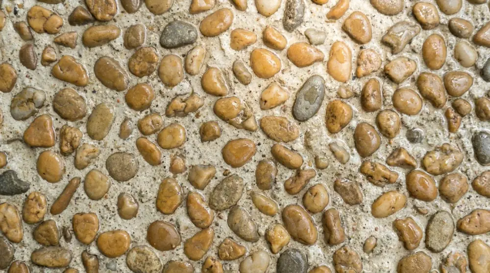 Close-up of sealed exposed aggregate concrete showing rounded honey, tan and grey river stone