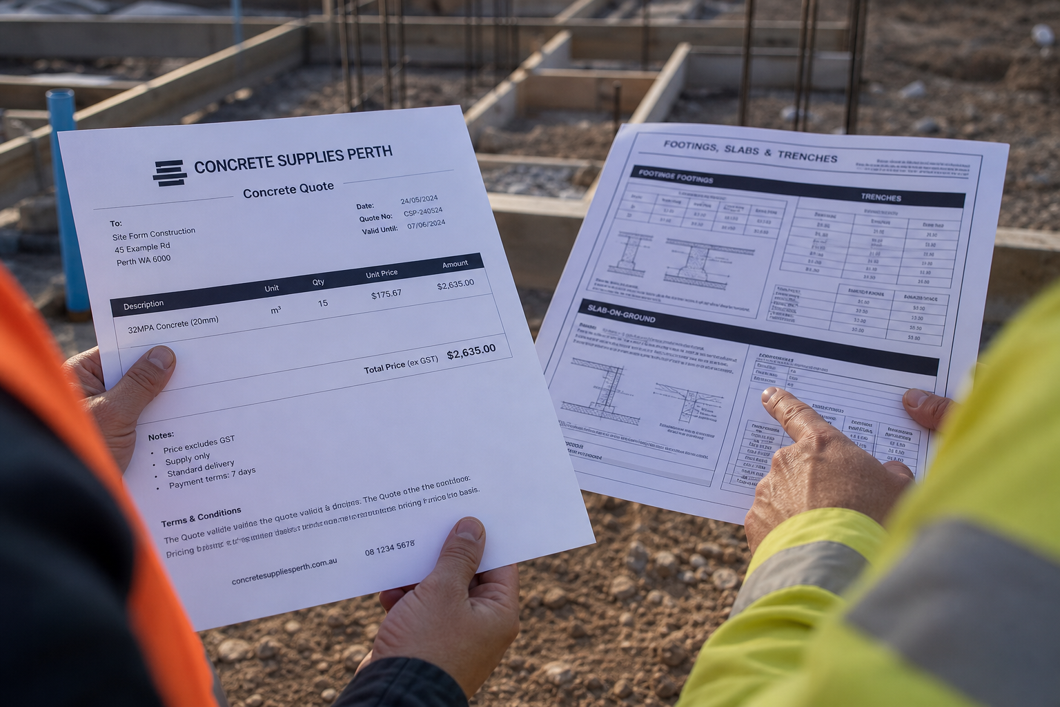 A Perth concrete contractor reviewing plans with a clipboard on a residential job site, no faces visible, soft afternoon light, photorealistic
