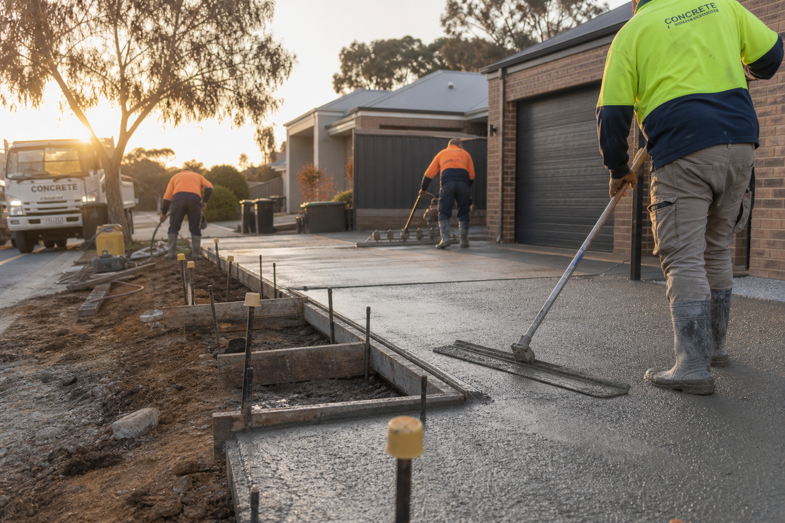 Wide editorial photograph of a CoastCrete crew finishing a concrete driveway in a Perth suburb at golden hour, professional setup with formwork and tools, no faces visible, photorealistic