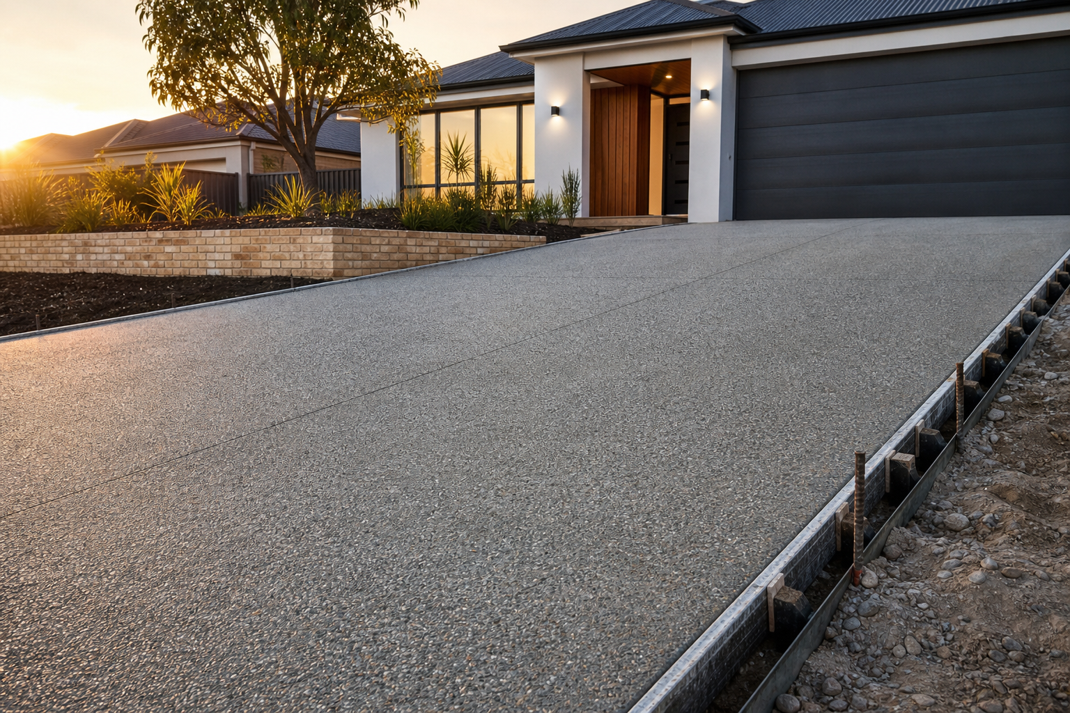 A finished concrete driveway in a Perth suburb at golden hour, freshly poured exposed aggregate surface, modern home in background, no people, photorealistic