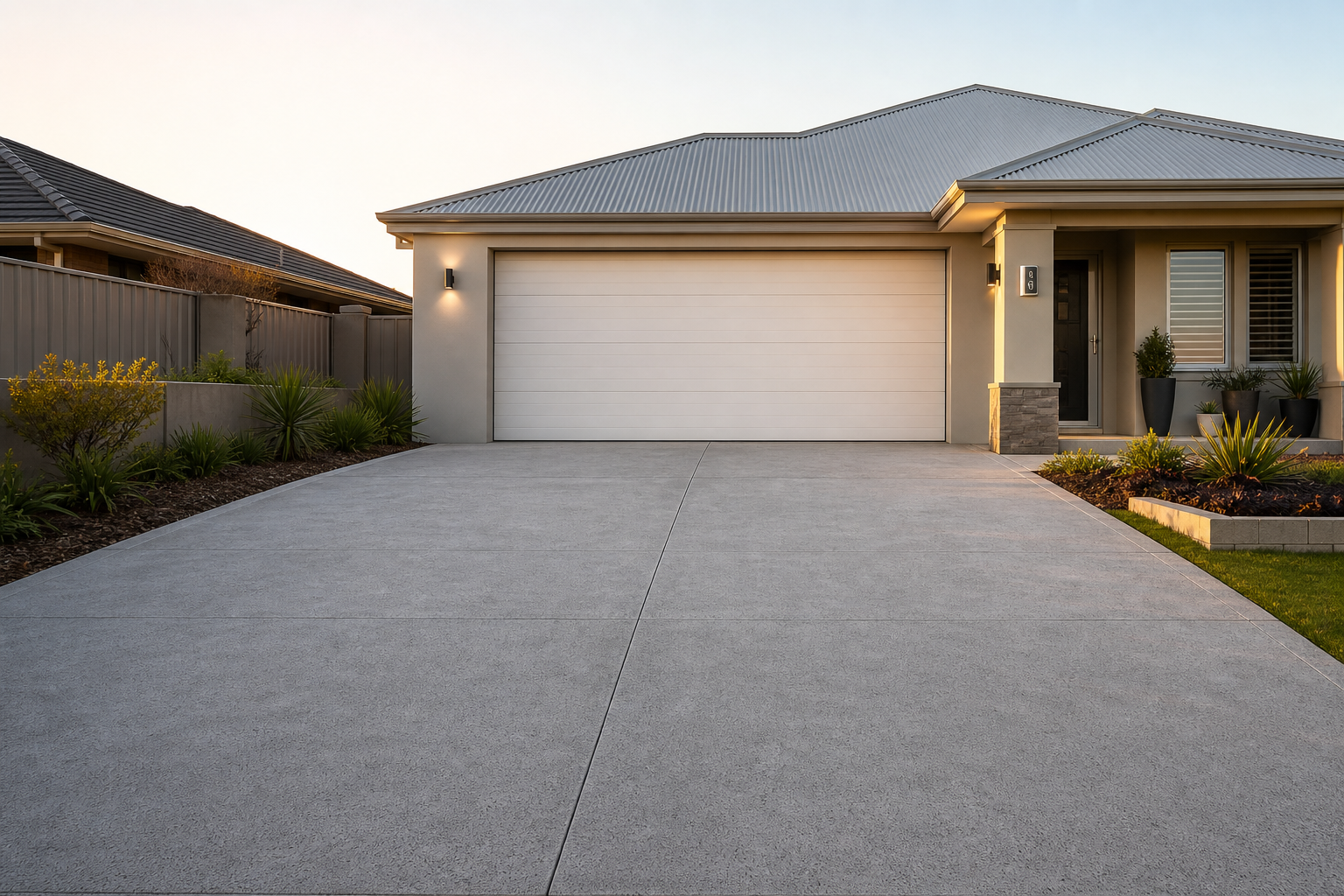 Wide photograph of a finished concrete driveway in a Perth suburb with exposed aggregate finish, modern home with garage door visible, golden hour light, no people, photorealistic