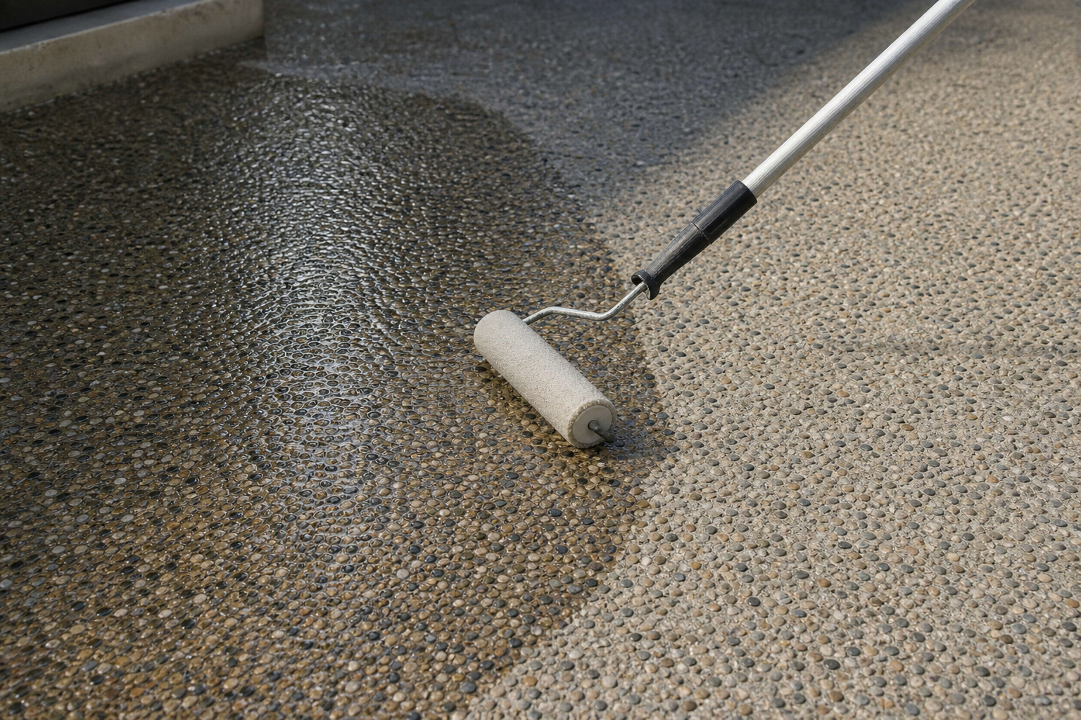 A Perth concrete sealer being applied to an exposed aggregate driveway with a roller, soft afternoon light, no people visible, photorealistic