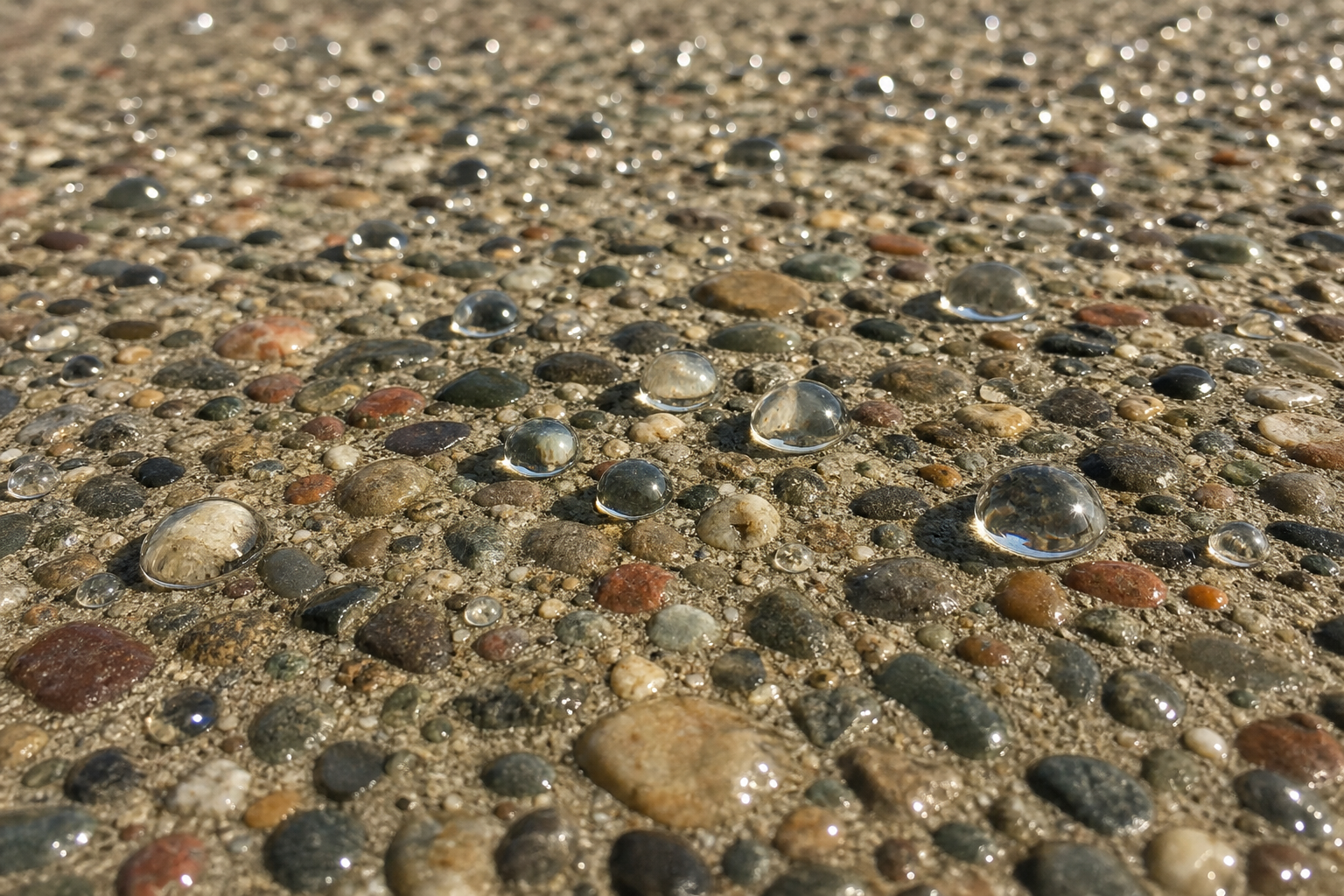 Close-up macro photograph of water beading on a properly sealed exposed aggregate concrete surface in Perth, soft afternoon light, no people, photorealistic