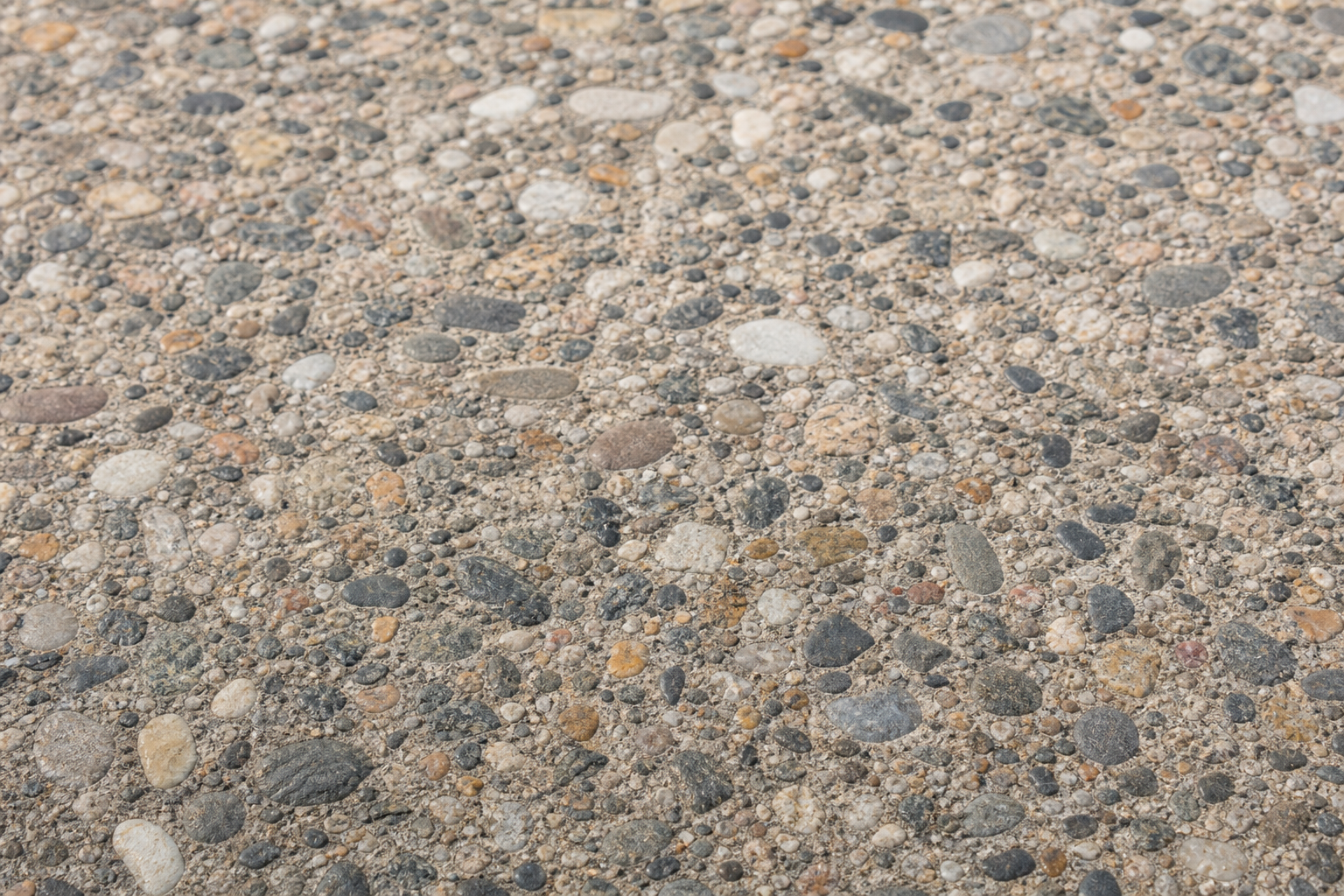 Close-up of exposed aggregate concrete driveway surface showing graded granite and quartz stones in soft Perth morning light