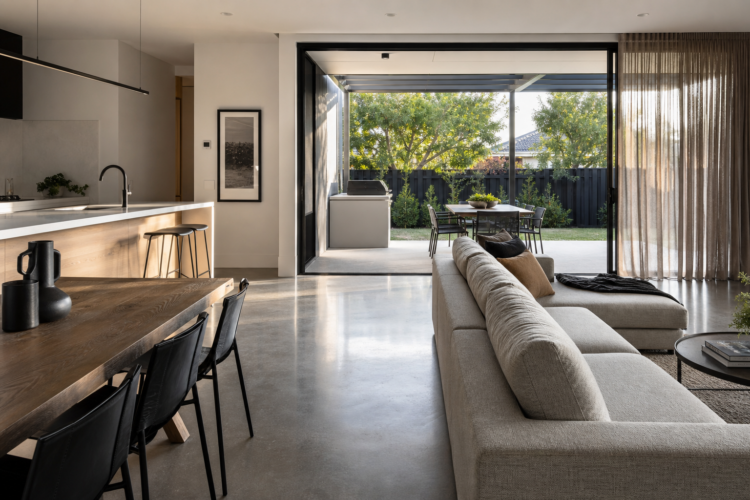 Wide photograph of a finished honed concrete alfresco entertaining area at golden hour in a Perth home, smooth matte surface, modern furniture in soft afternoon light
