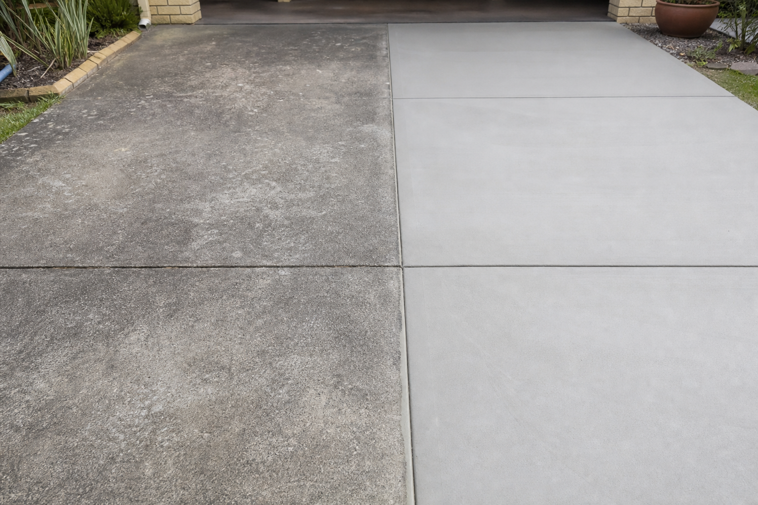 A side-by-side comparison of a 30-year-old original Perth concrete driveway next to a 5-year-old re-poured section, contrast in surface quality and age, no people, photorealistic