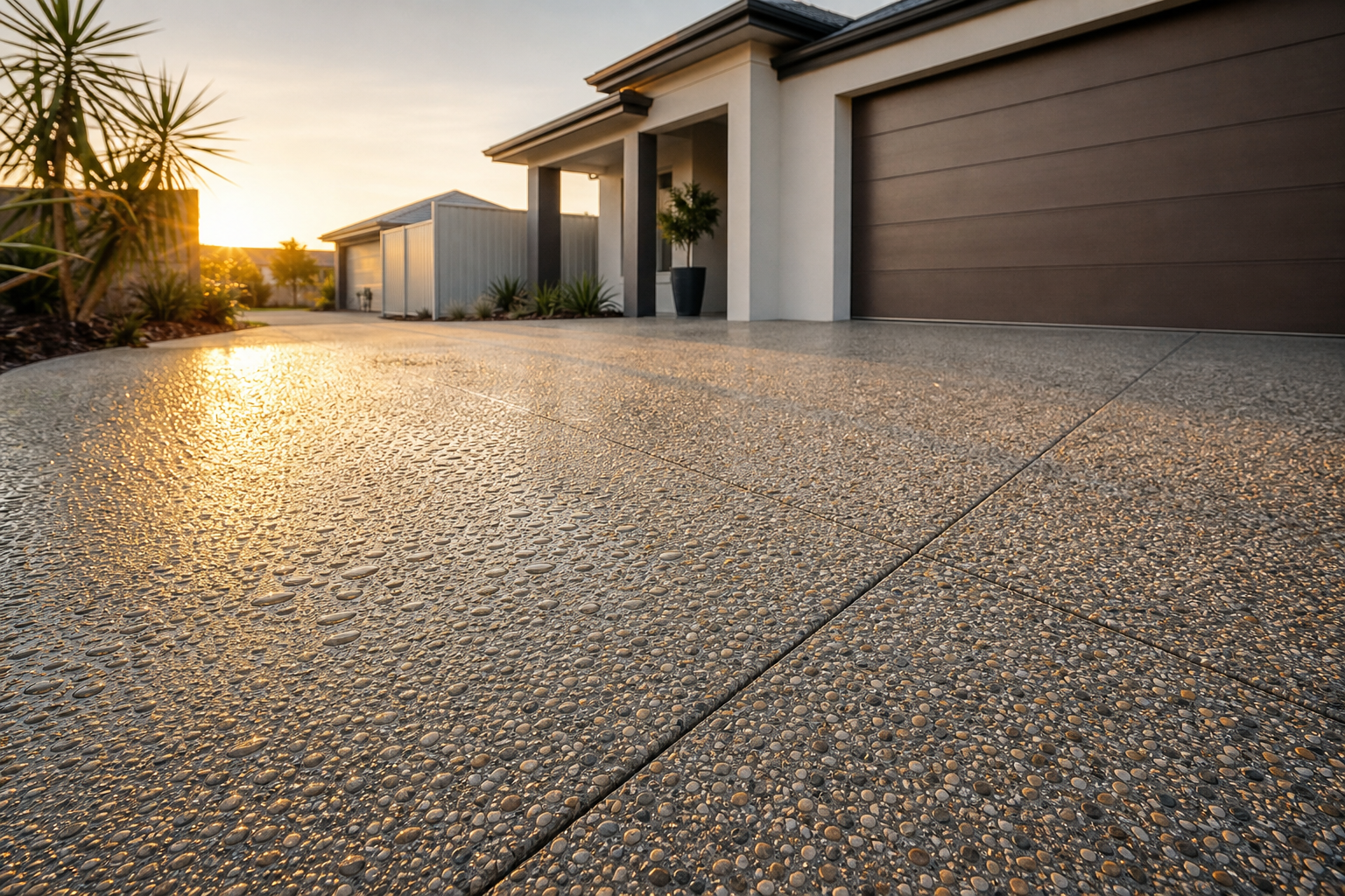 Wide editorial photograph of a Perth exposed aggregate driveway after cleaning and re-sealing, fresh appearance, water beading on surface, soft afternoon light, no people, photorealistic