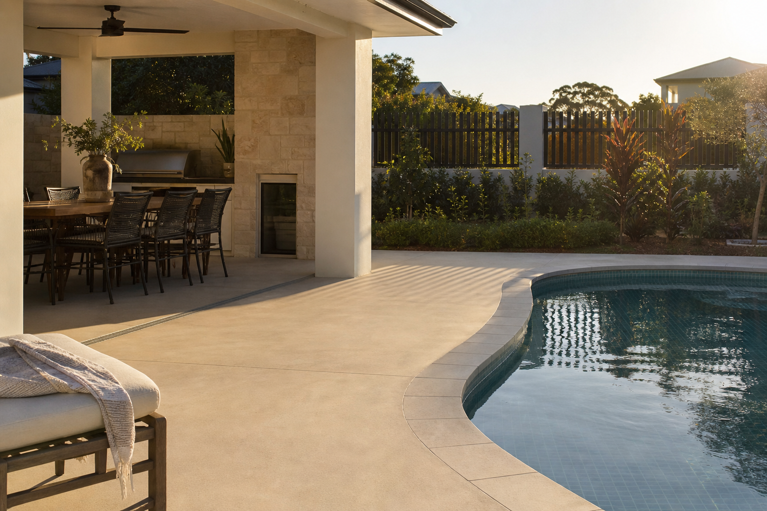 Liquid limestone pool surround in a Perth backyard, cream finish around blue pool, alfresco visible