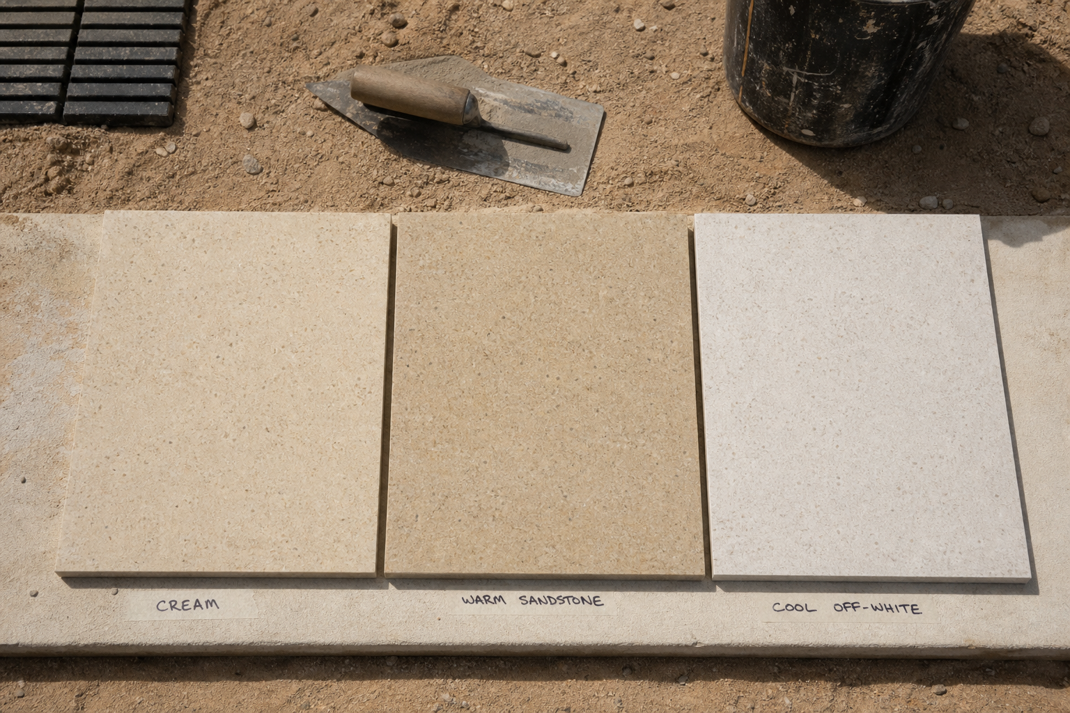 Three sample panels of liquid limestone in cream, warm sandstone and cool off-white tones laid out on a Perth job site