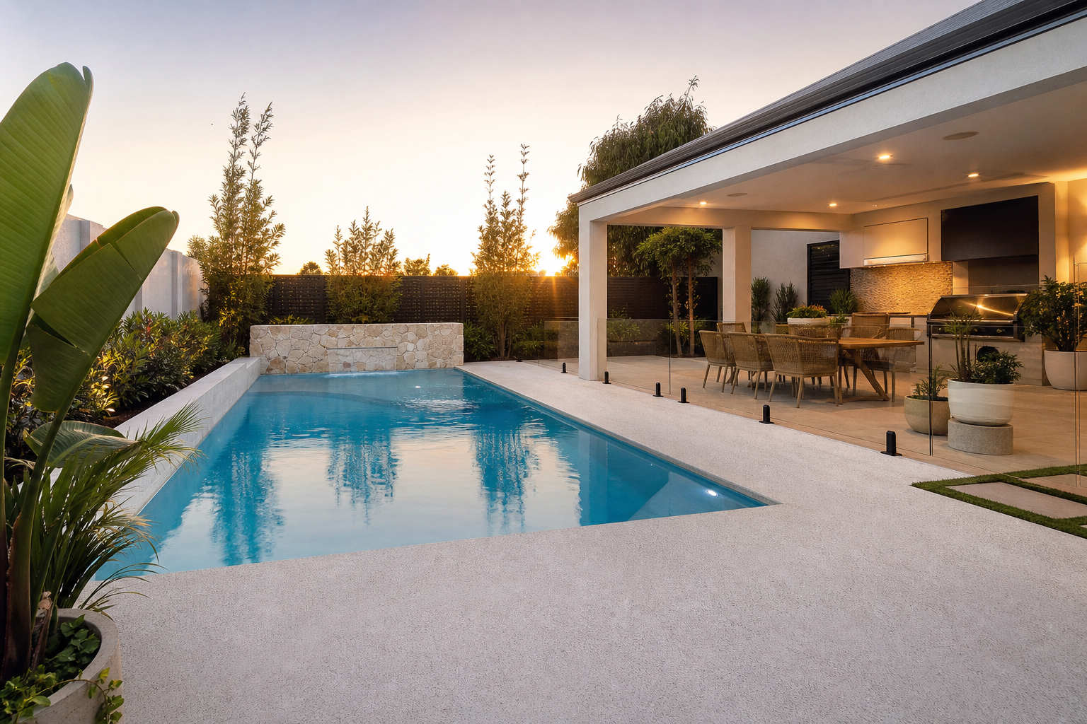 Wide editorial photograph of a finished liquid limestone pool surround in a Perth backyard, calm blue pool water, modern home in background, golden hour light, no people, photorealistic