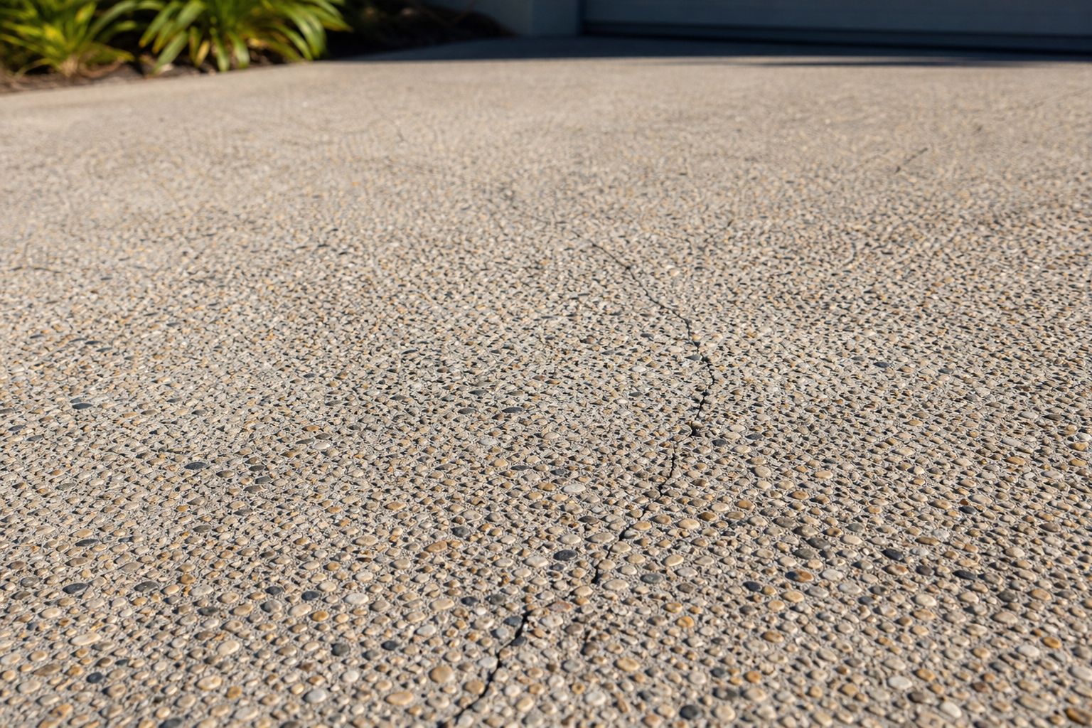 Close-up of exposed aggregate concrete surface with hairline cracks visible, before repair, soft afternoon light, no people, photorealistic
