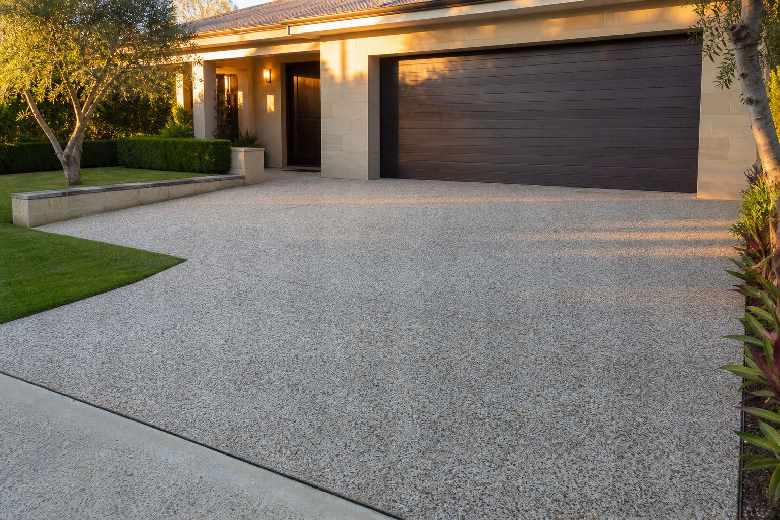 A repaired exposed aggregate concrete driveway in a Perth home after professional restoration, freshly sealed surface, golden hour light, no people, photorealistic