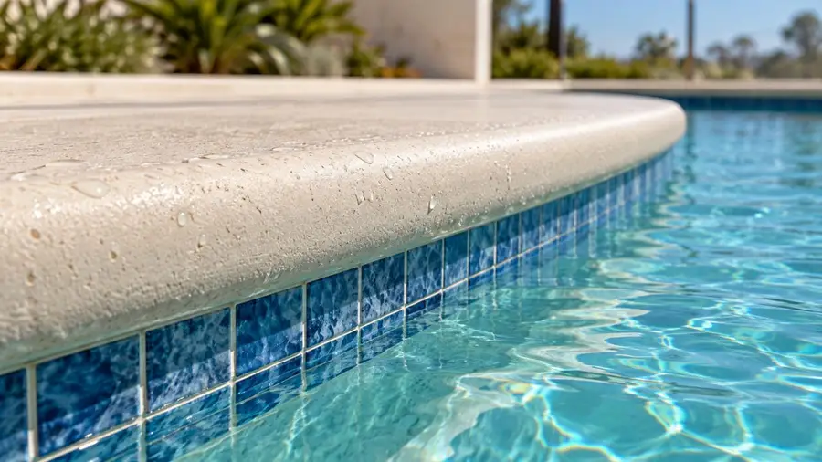 Rounded concrete pool edge, wet Close-up of a rounded concrete pool edge with water droplets on its textured surface beside blue waterline tiles