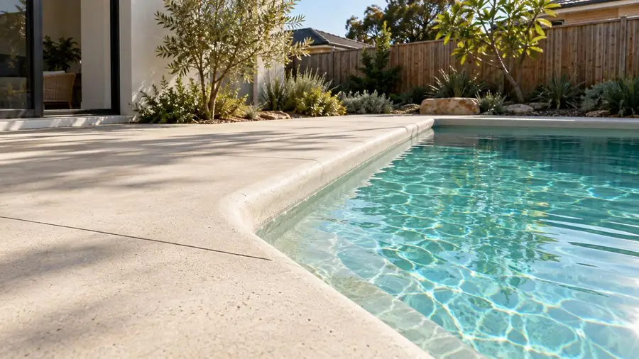 Seamless concrete pool edging with a control joint Seamless concrete pool edging and surround with a cut control joint running across the slab