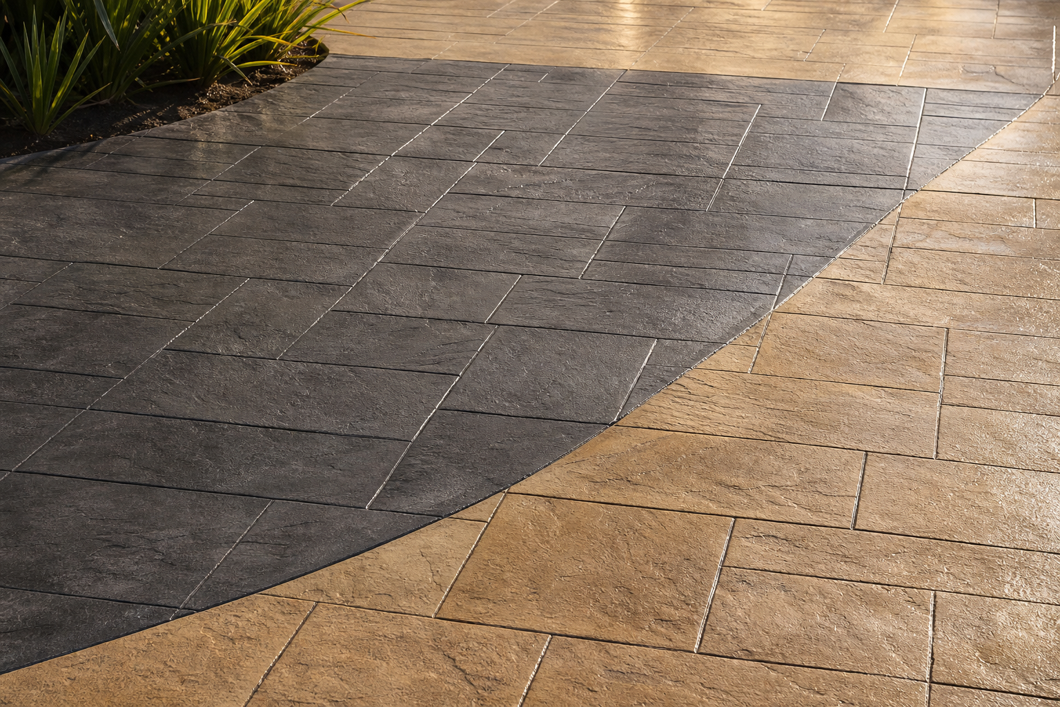 Close-up of stamped concrete with slate pattern finish on a Perth driveway, warm afternoon light, no people, photorealistic