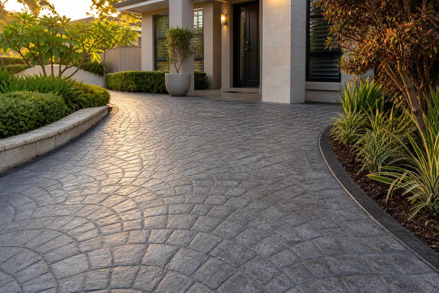 Wide photograph of a stamped concrete entry path with cobblestone pattern leading up to a Perth home at golden hour, no people, photorealistic