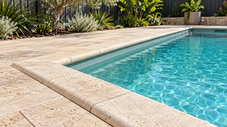 Traditional stone pool coping units Traditional pool coping made from separate pale stone units with visible joints between each piece