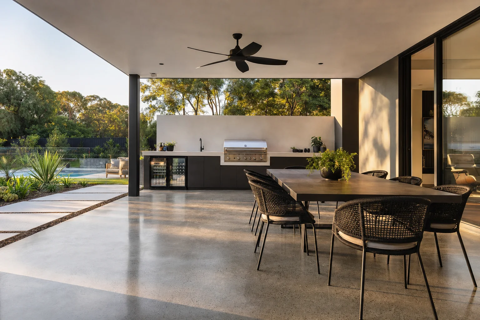 Decorative concrete alfresco entertaining area with outdoor kitchen at a Perth home