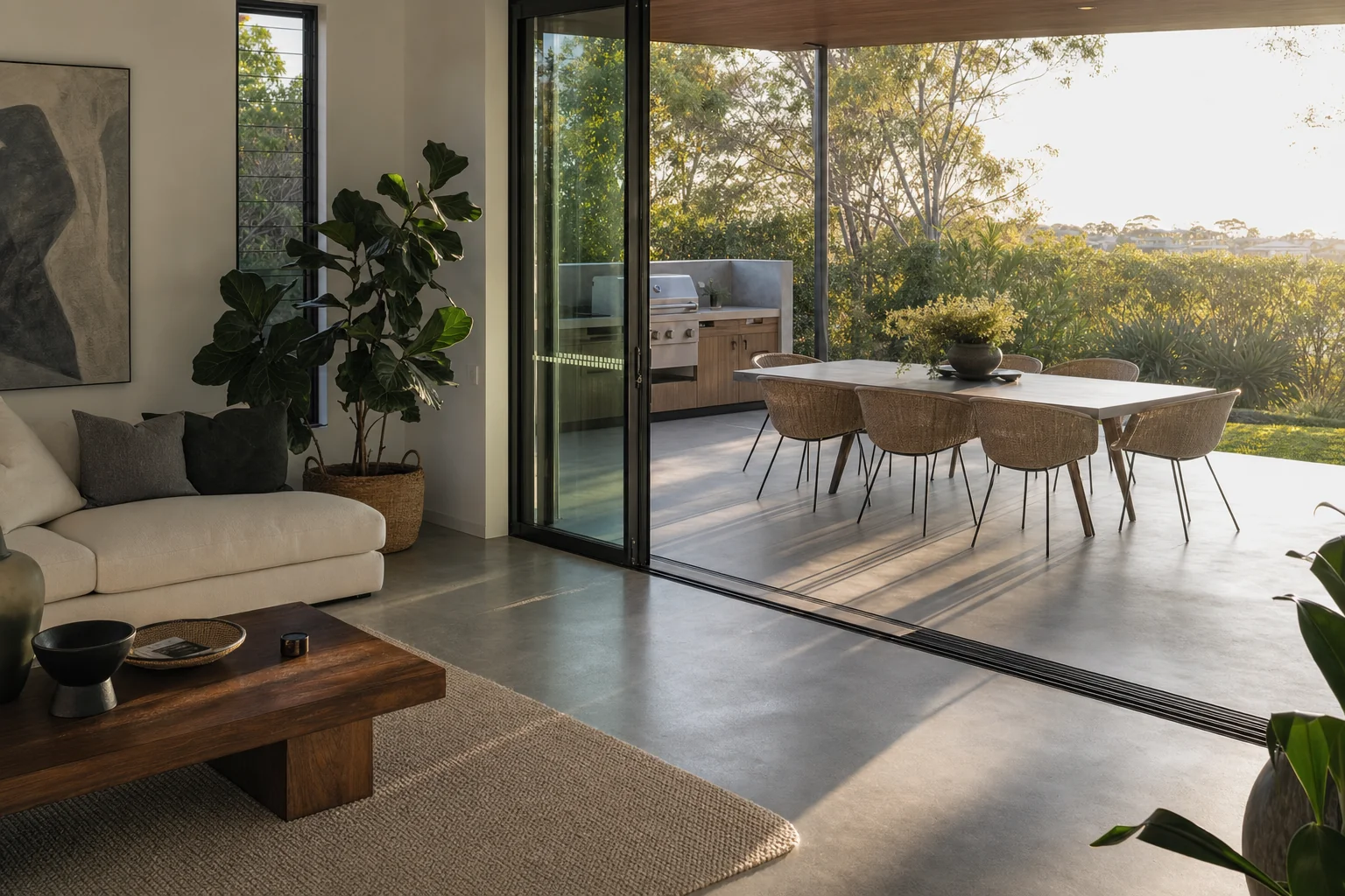 Indoor-outdoor concrete flow from living room to alfresco at a Perth home