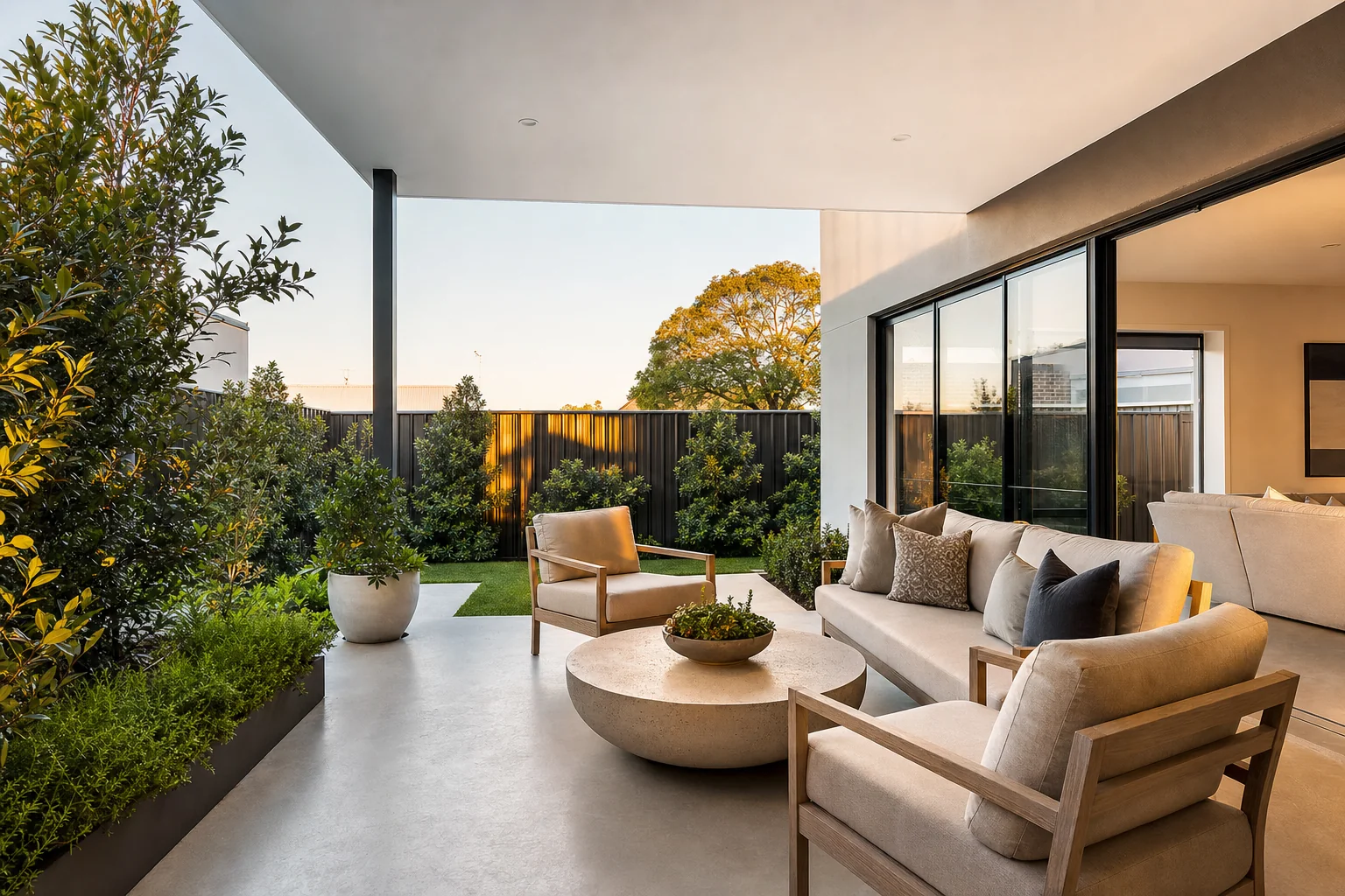 Decorative concrete patio alfresco with lounge setting at a Perth home