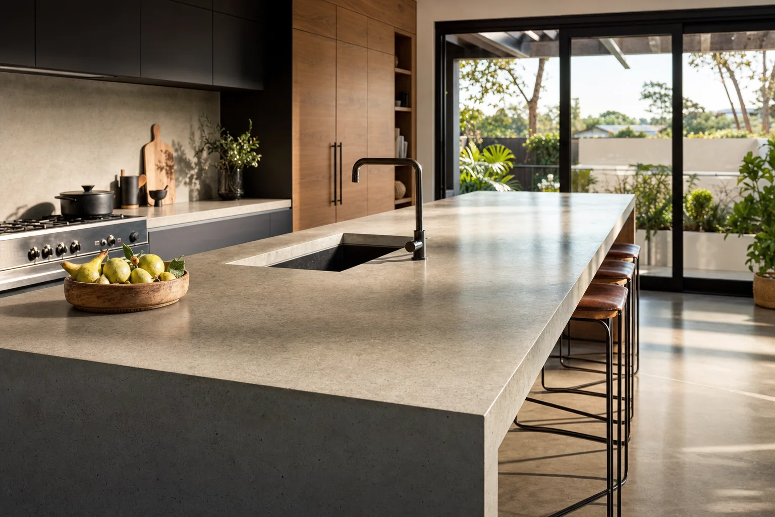 Polished concrete kitchen benchtop and island in a modern Perth kitchen