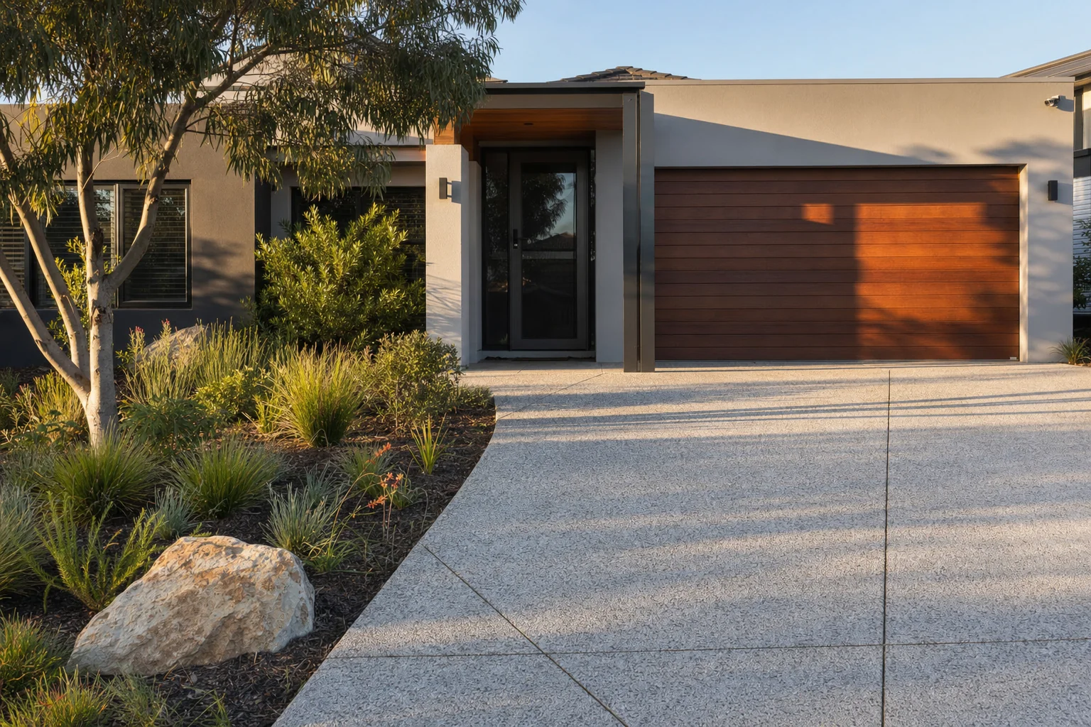 Modern Perth home entrance with a new decorative concrete driveway to the garage