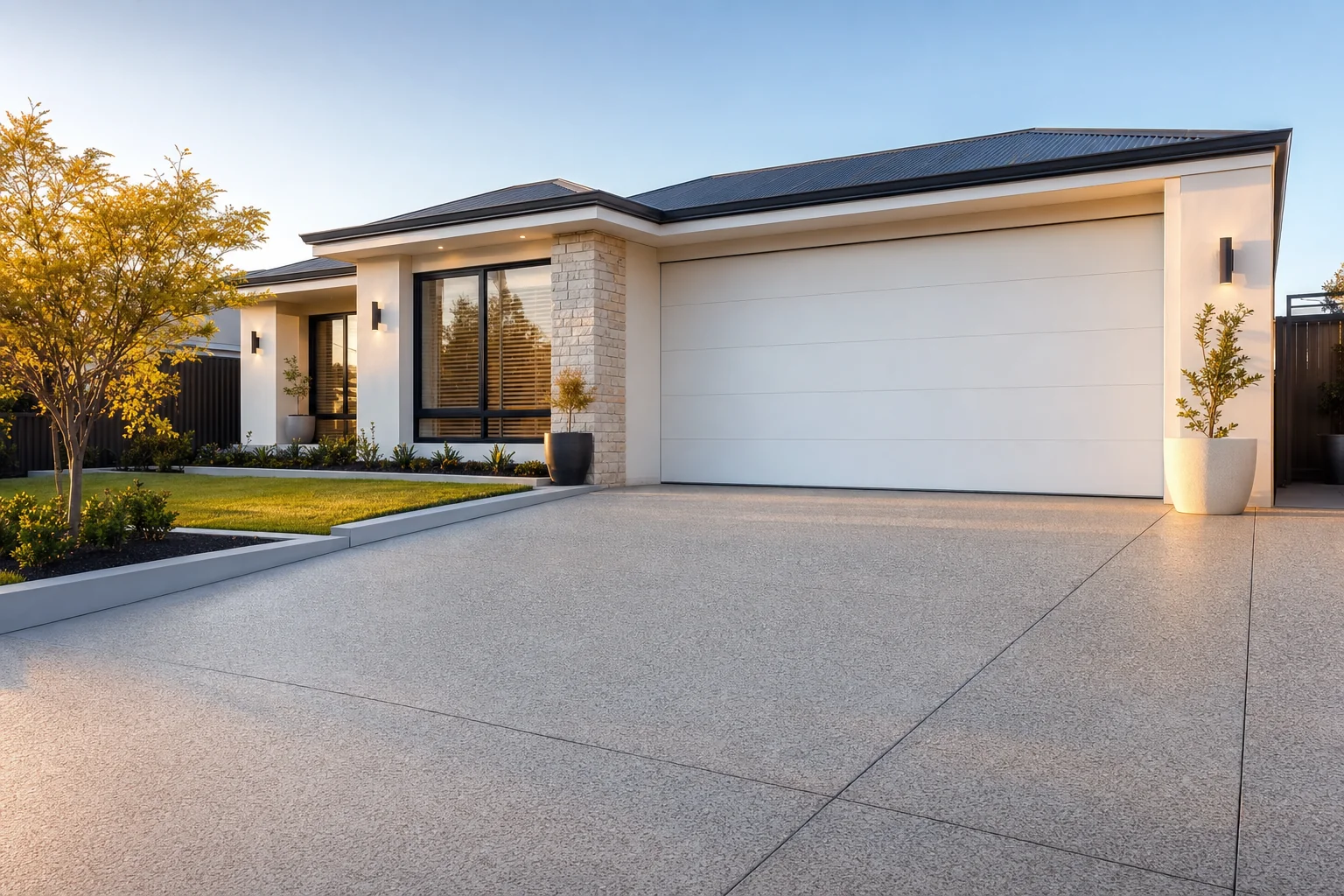 Decorative concrete driveway at a modern Perth home
