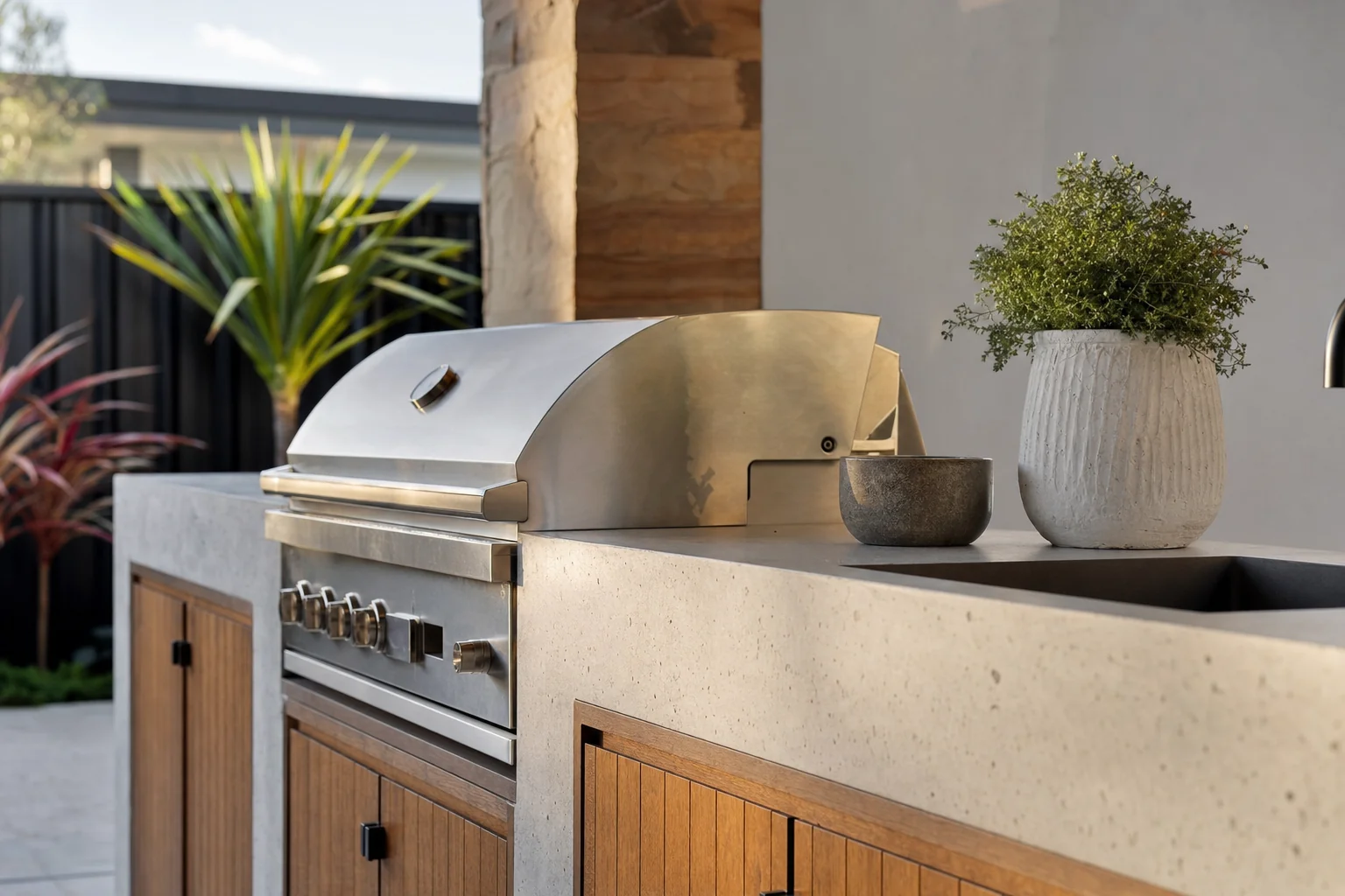 Concrete BBQ benchtop in an outdoor alfresco kitchen at a Perth home