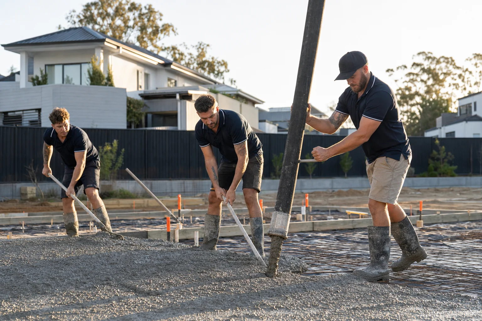 CoastCrete crew guiding a pump hose to pour a slab on a Perth site