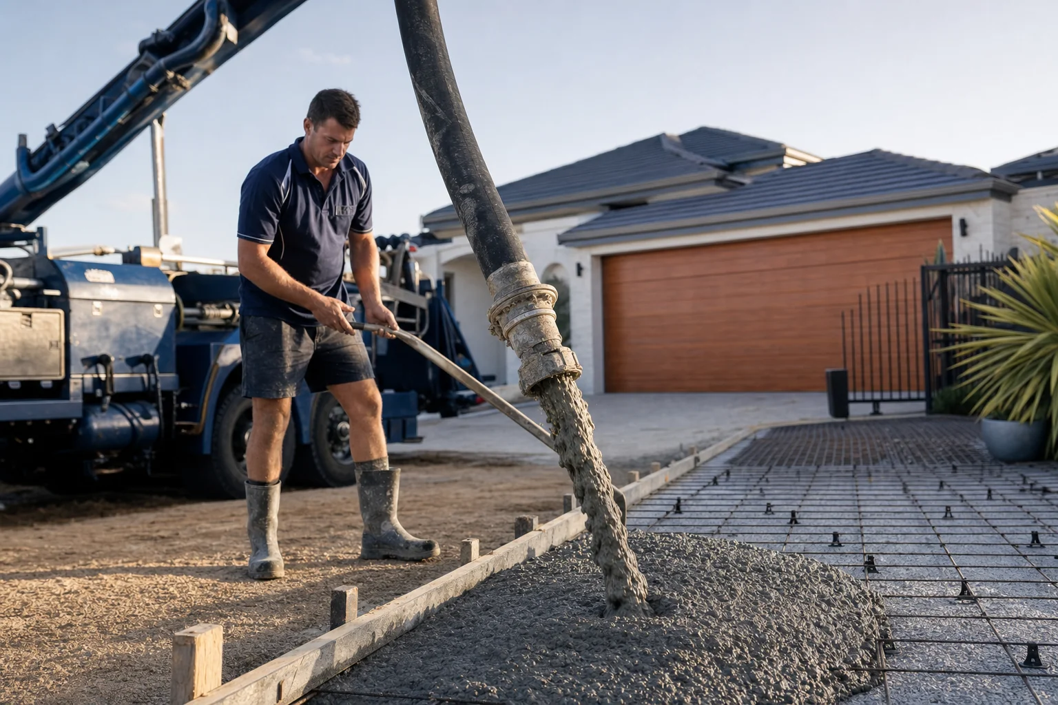 Wet concrete pumped through a hose into driveway formwork on a Perth site