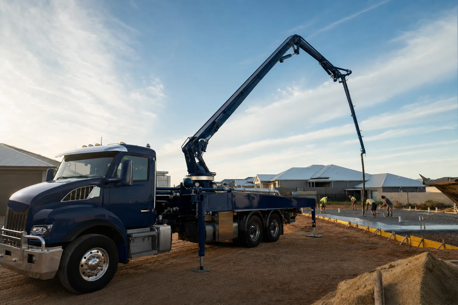 CoastCrete concrete pump truck with a boom on a Perth residential site