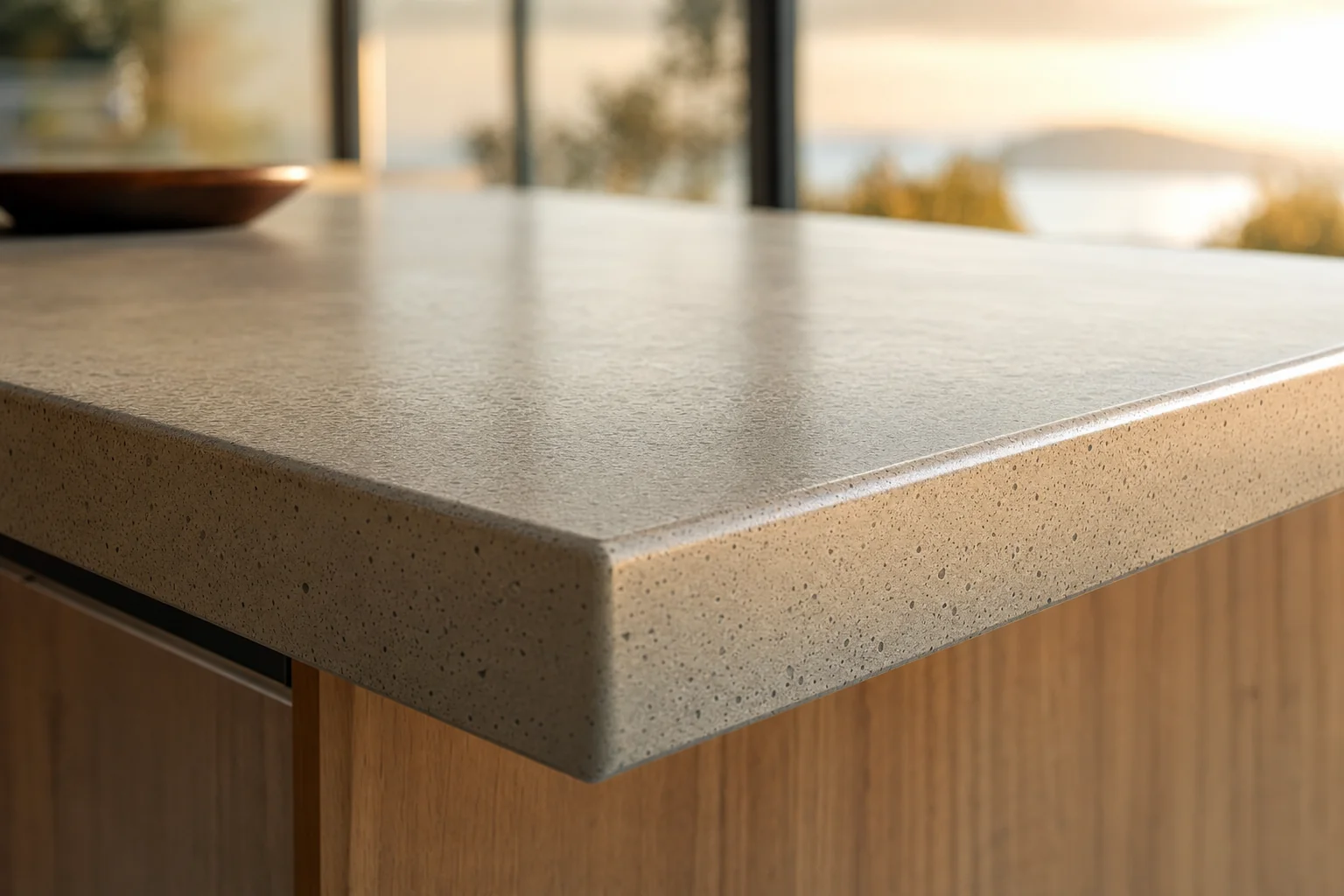 Close-up of a sealed concrete benchtop edge with a smooth surface