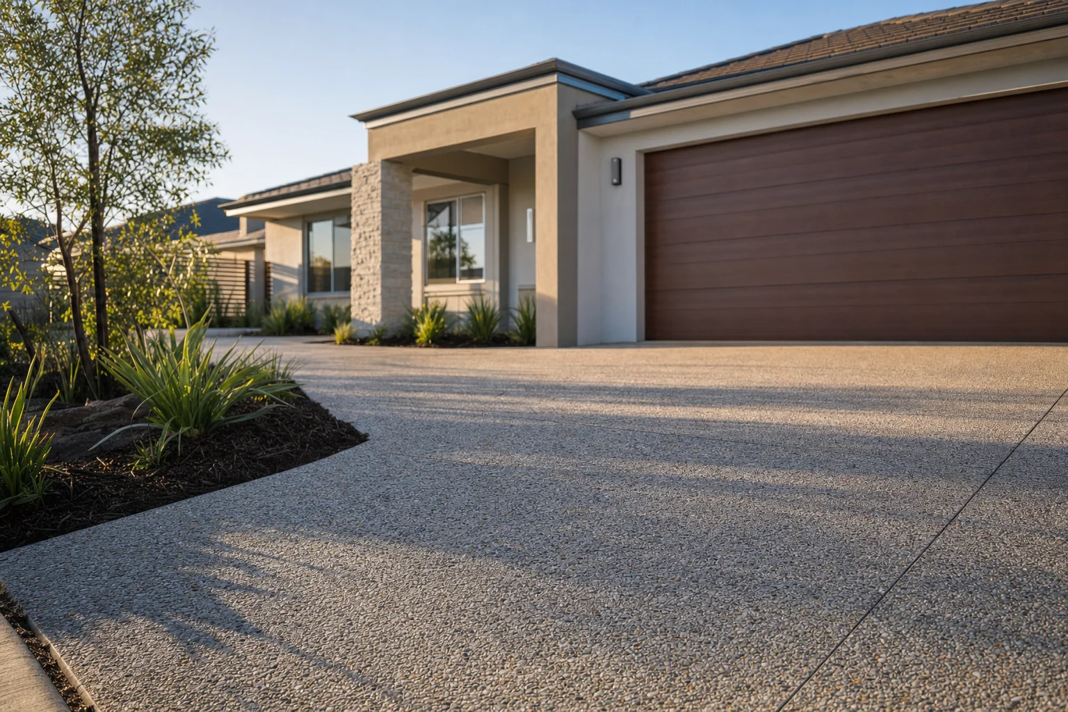 Exposed aggregate concrete driveway finished by CoastCrete at a modern Perth home