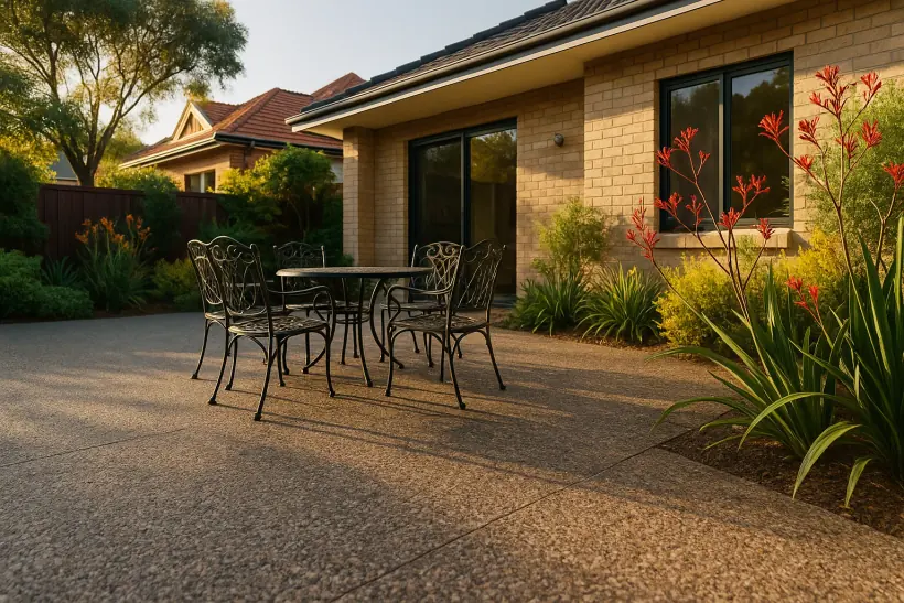 Exposed aggregate alfresco area with an outdoor setting beside a Perth brick home and native garden