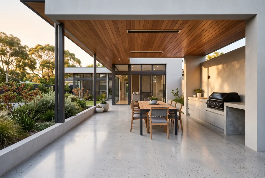 Honed concrete alfresco entertaining area with an outdoor kitchen and timber-lined ceiling at a Perth home