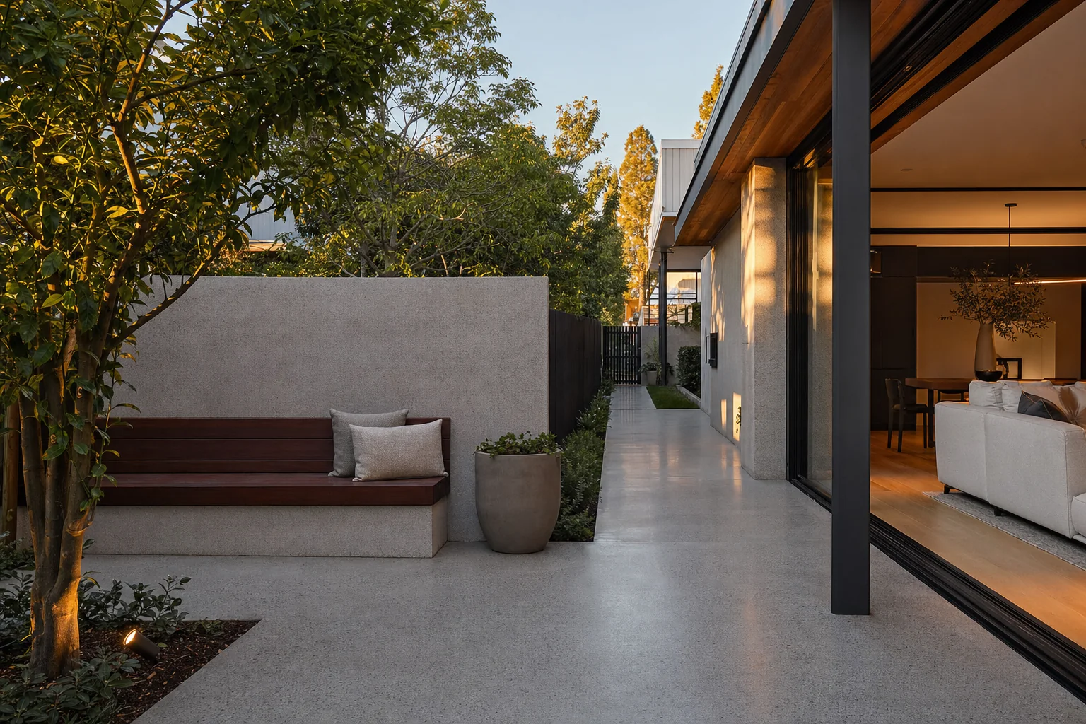 Honed concrete courtyard and path at a contemporary Perth home