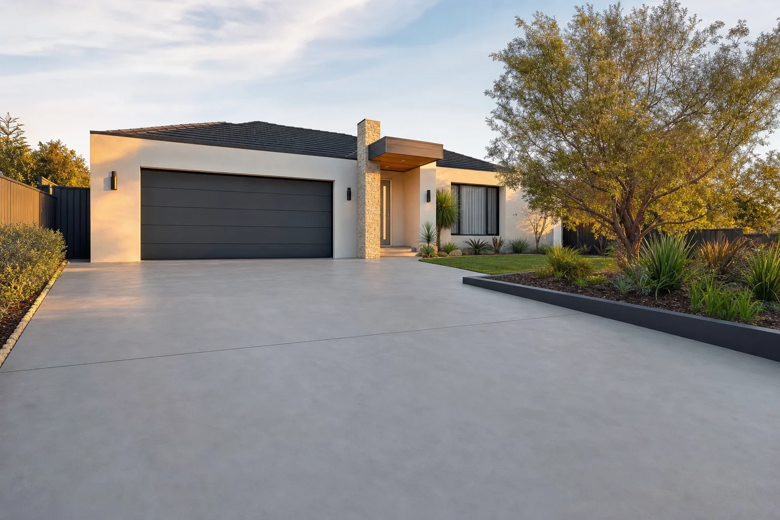 Smooth honed concrete driveway with a matte grey finish at a Perth home