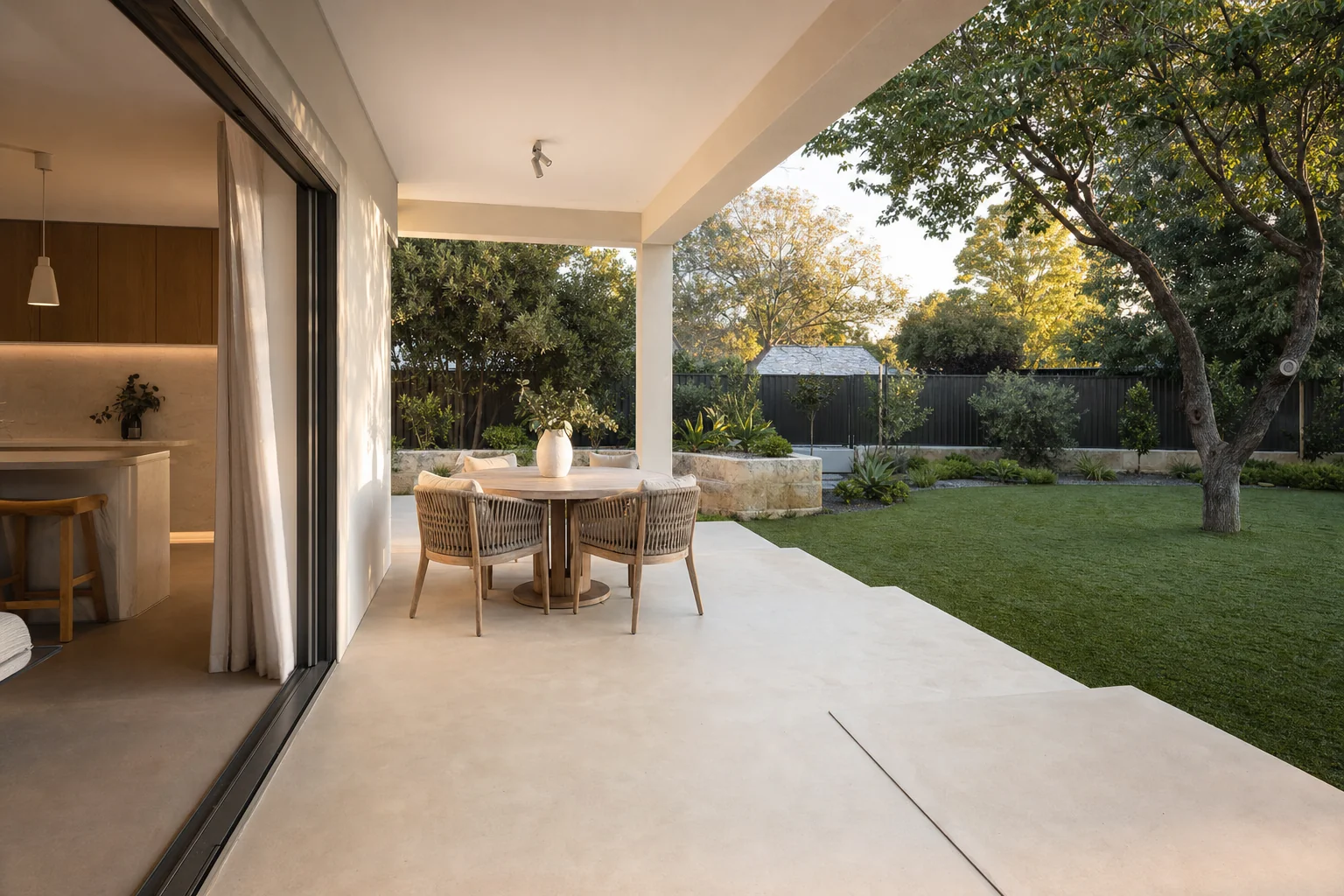 Cream liquid limestone alfresco and patio area at a Perth home