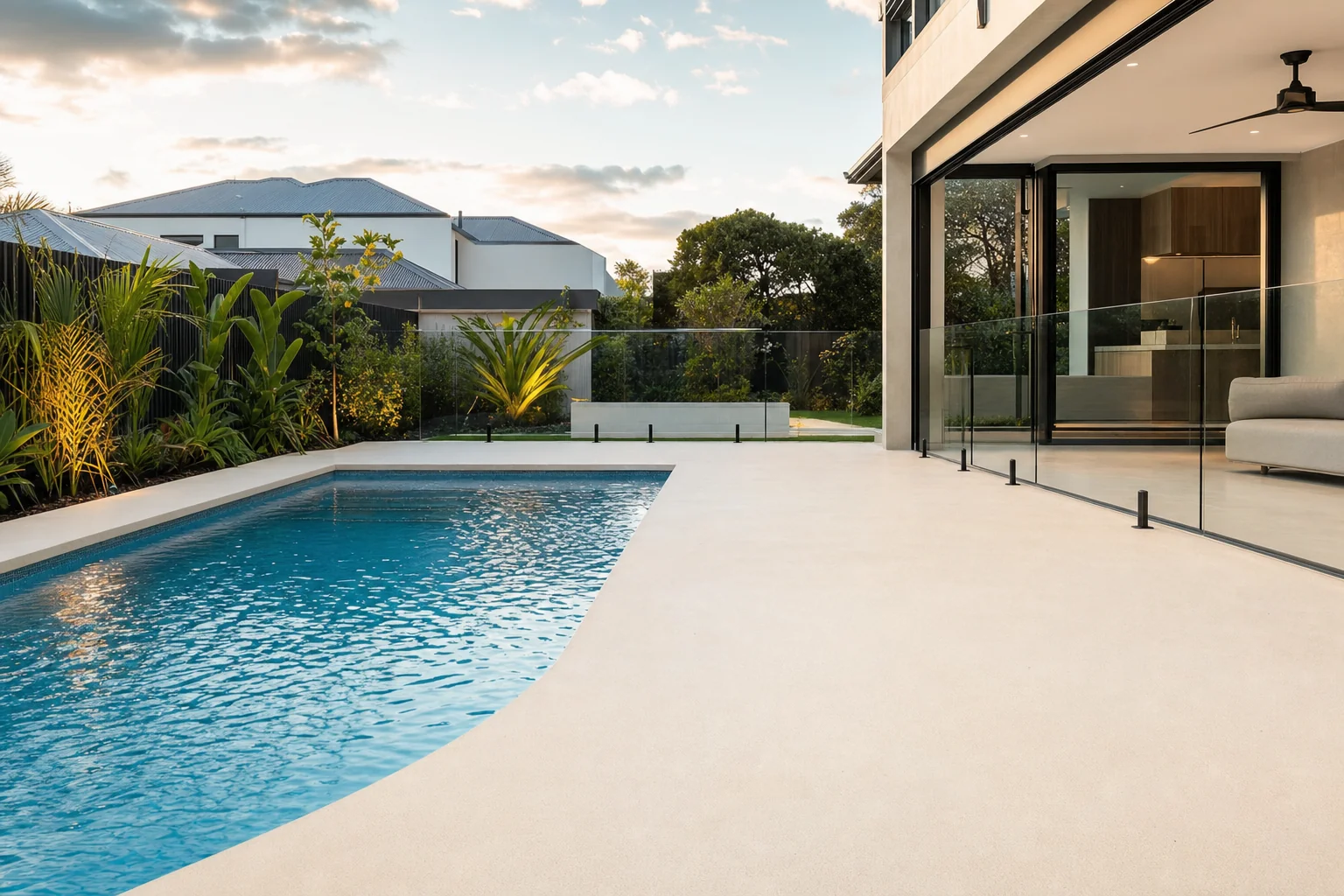 Cream liquid limestone pool deck around a blue pool at a Perth home