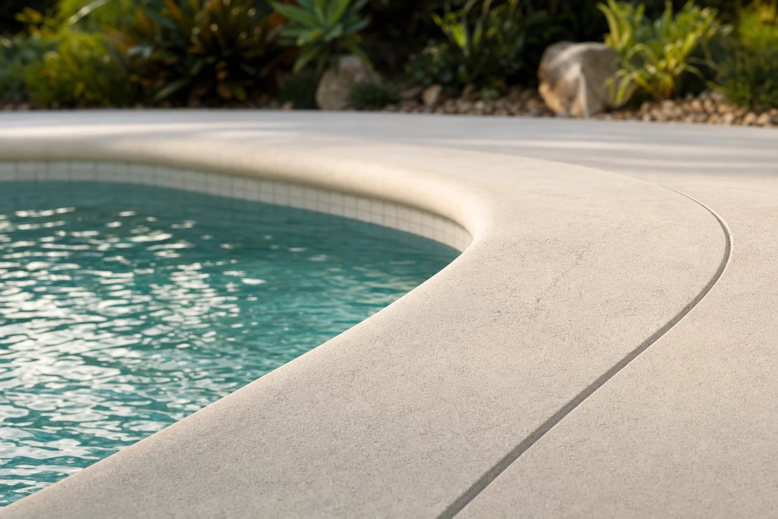 Close-up of a smooth rounded seamless concrete pool edge in a cream finish