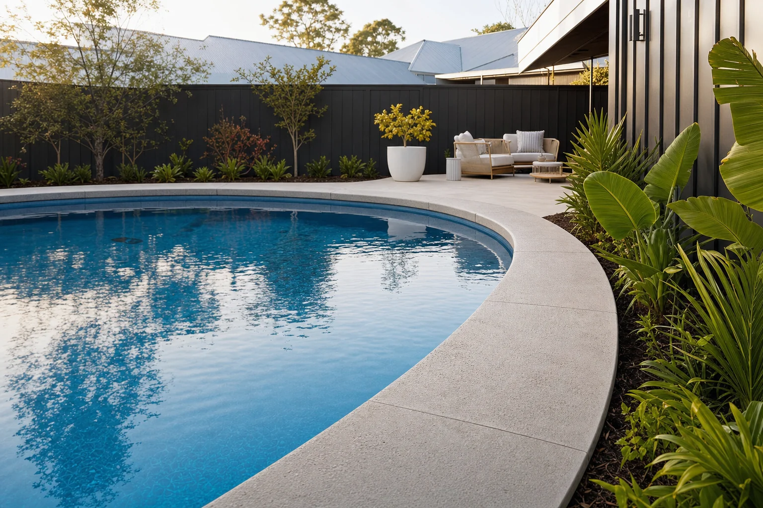Seamless concrete pool edging and coping around a blue pool in a Perth backyard