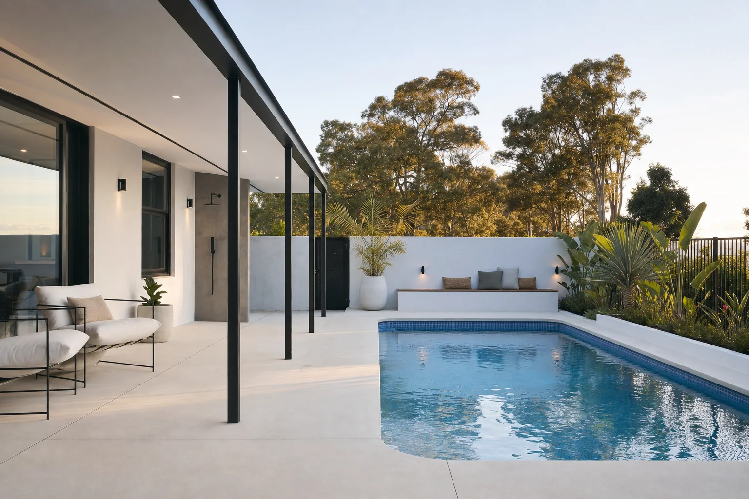 Concrete pool surround with seamless edging at a contemporary Perth home