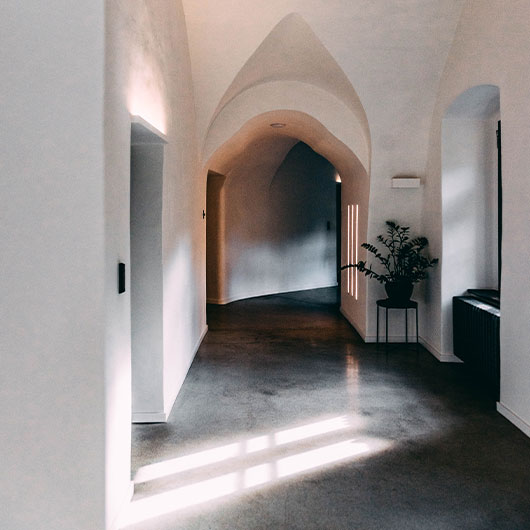 home with burnished and polished concrete floor