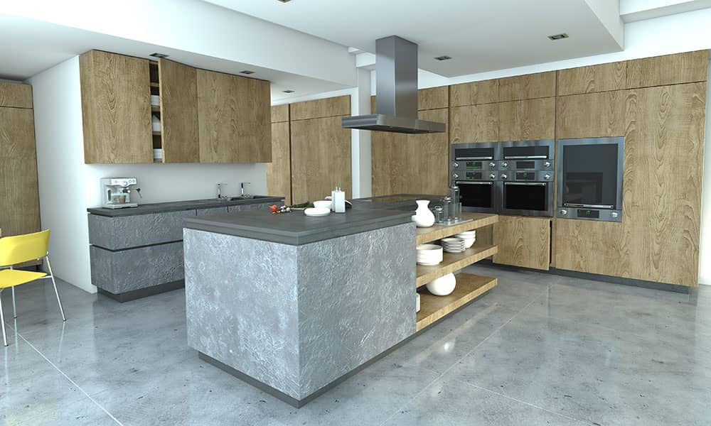 modern interior of a kitchen with concrete