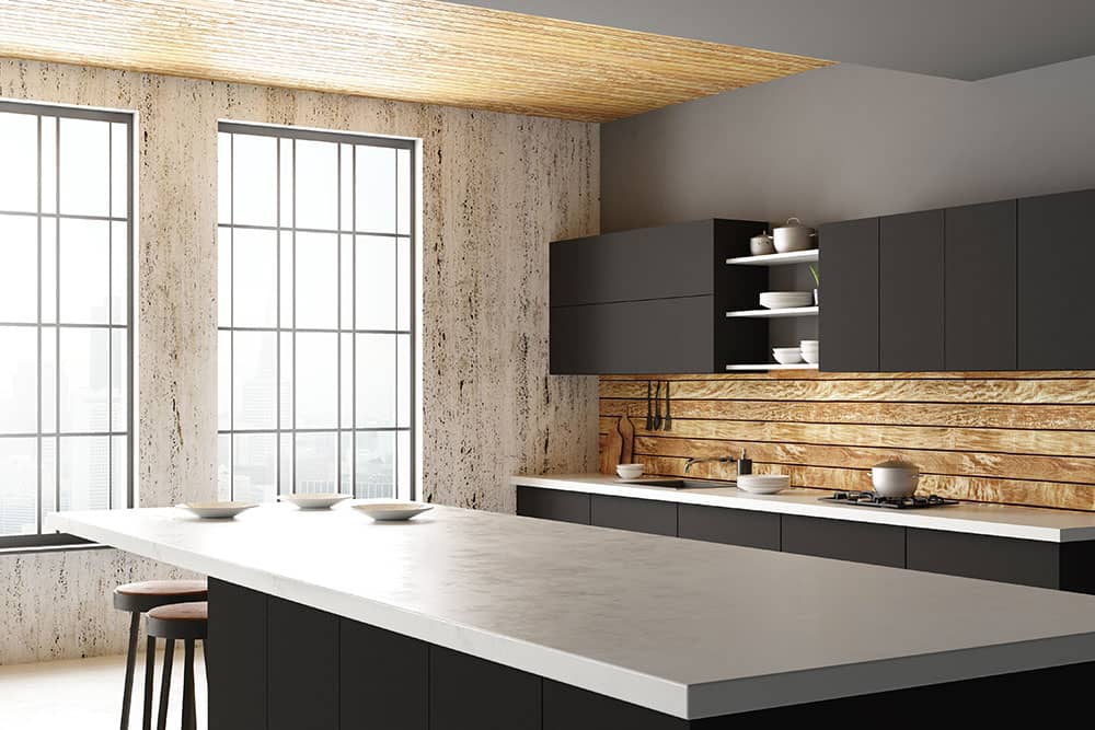 dark kitchen with concrete countertop