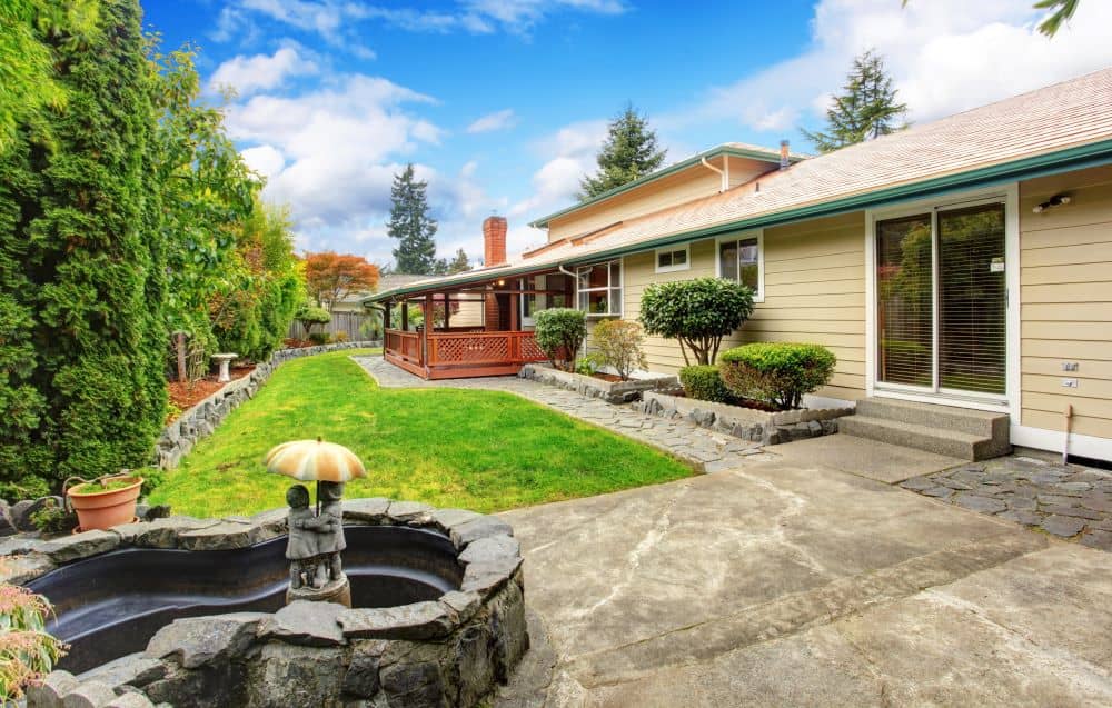 Home backyard with fountain.