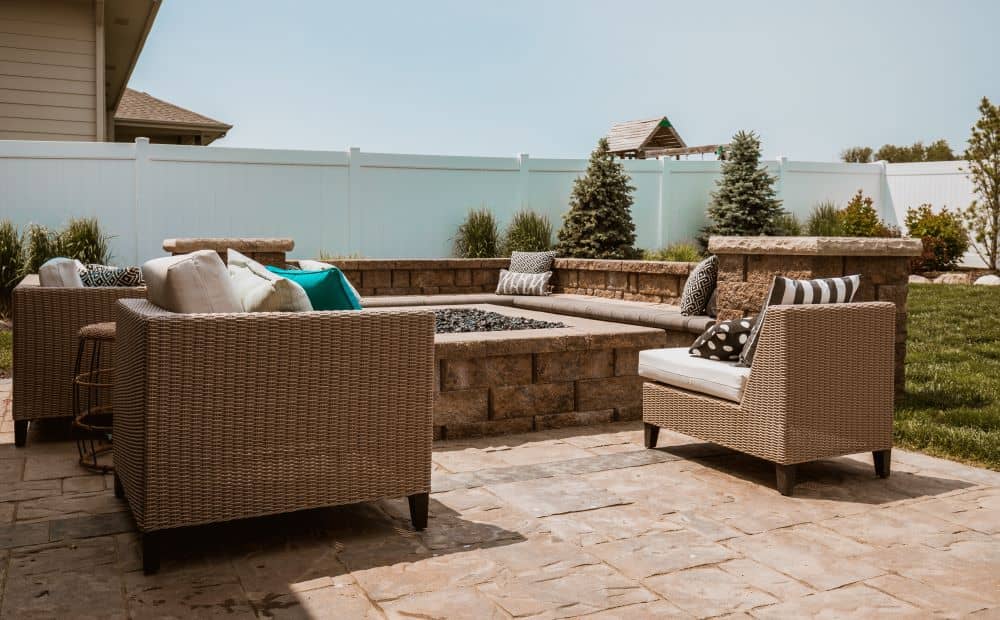 Outdoor entertainment area with firepit.