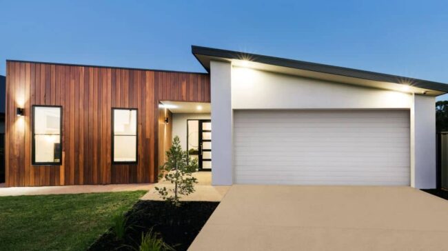 Modern home with liquid limestone driveway.