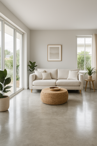 polished concrete living area