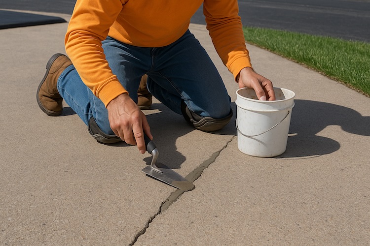 guy fixing cracked exposed aggregate concrete paving